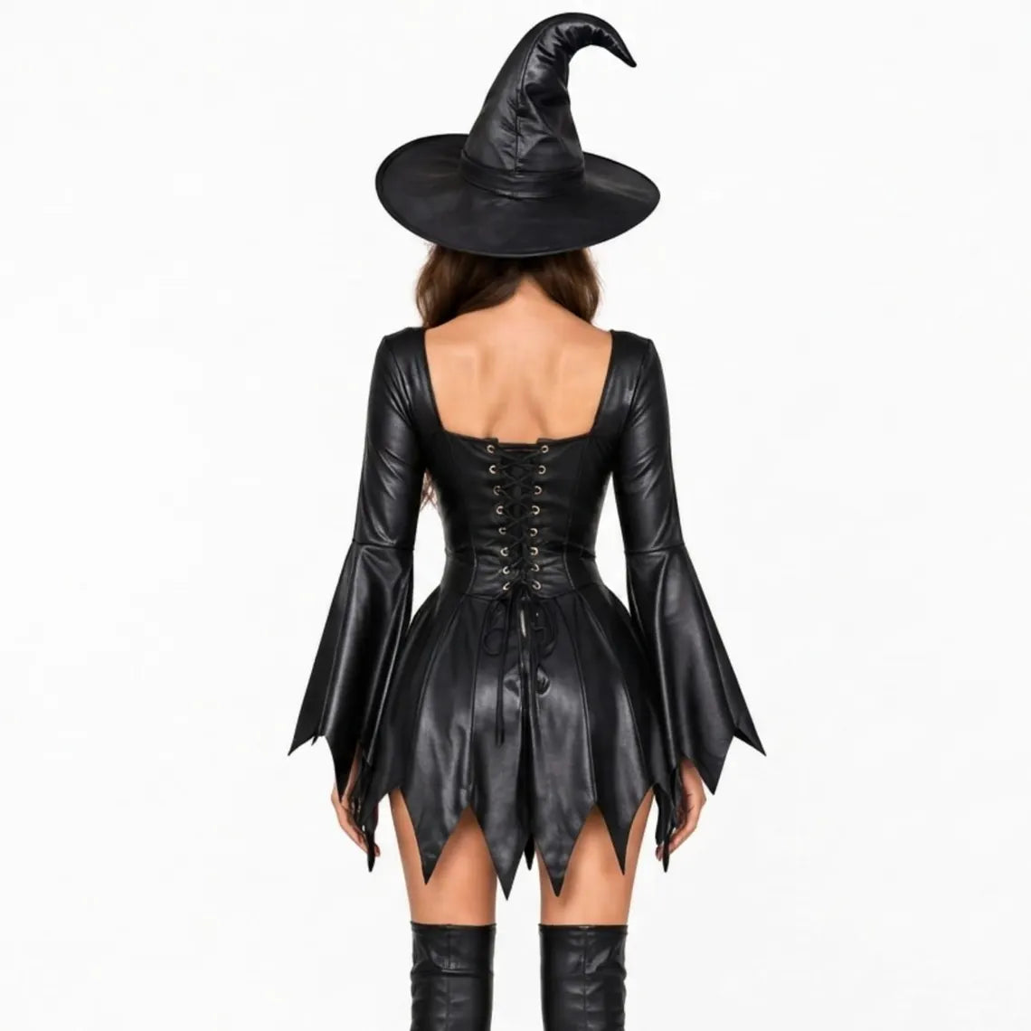 Rear view showcasing the adjustable lace-up back eyelet corset, scoop backline, and pointed cut of the black leather witch costume dress with matching hat.