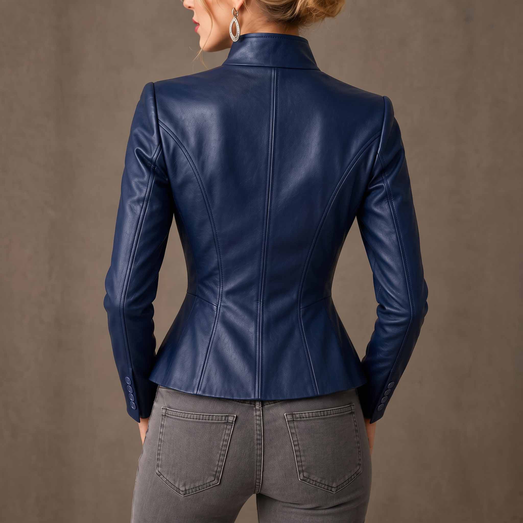 Back view of woman wearing fitted navy blue leather blazer showing contoured spine princess seams, standing collar, and flared peplum hem