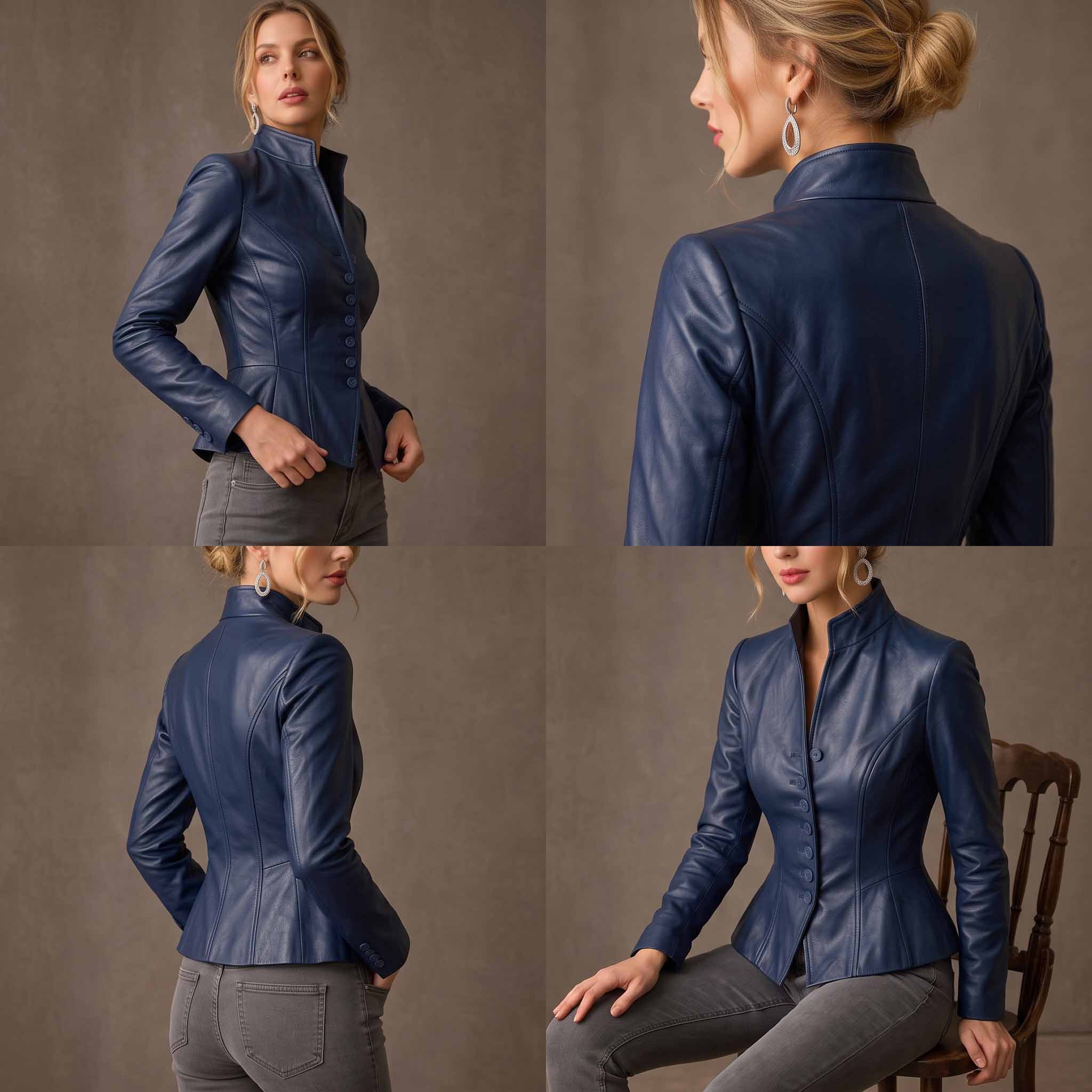 Four photo studio montage showing front, profile, back, and seated views of female model wearing handcrafted blue lambskin leather peplum blazer