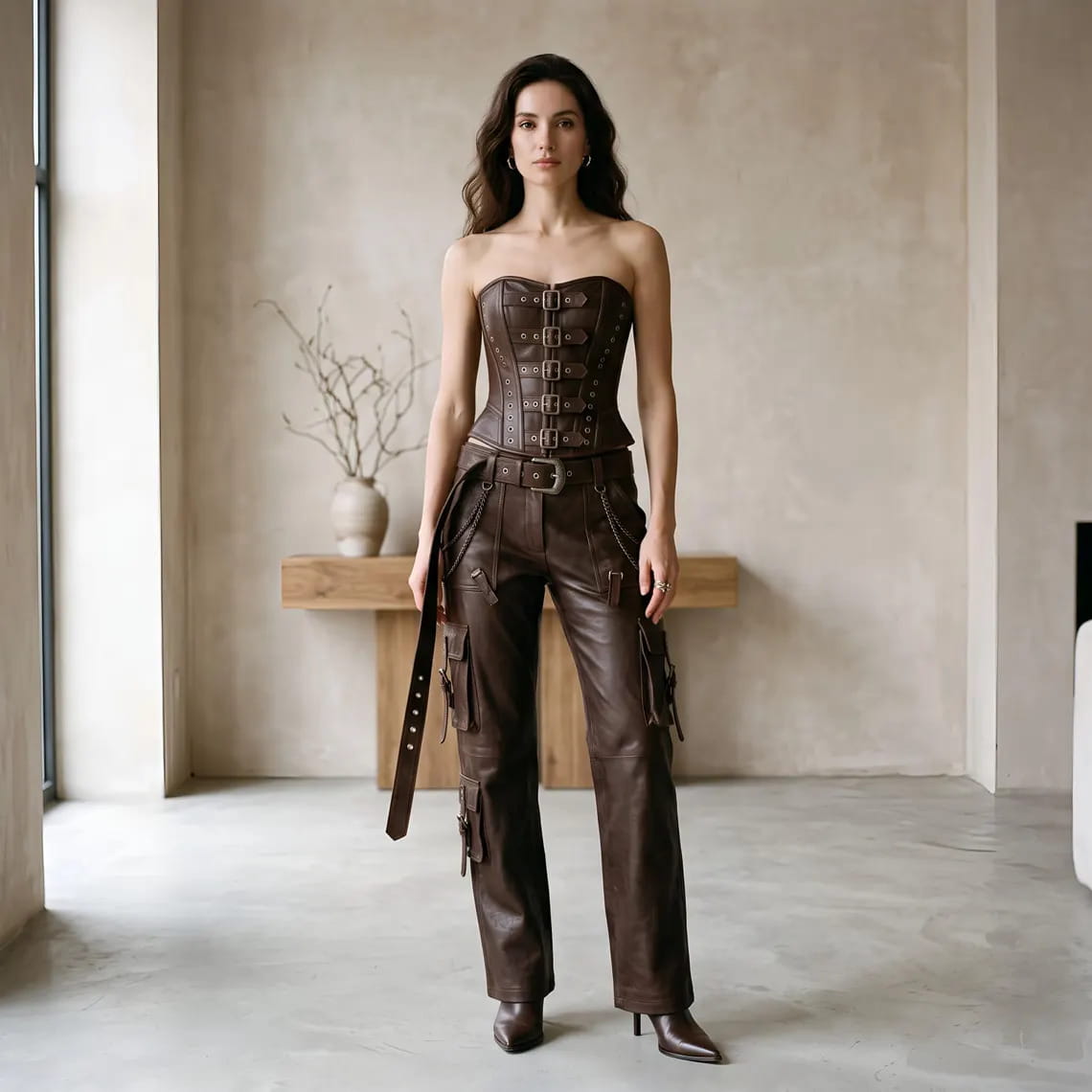 Full-length front view of a model wearing a women's dark brown cowhide leather corset top with buckle straps and matching brown utility cargo pants.