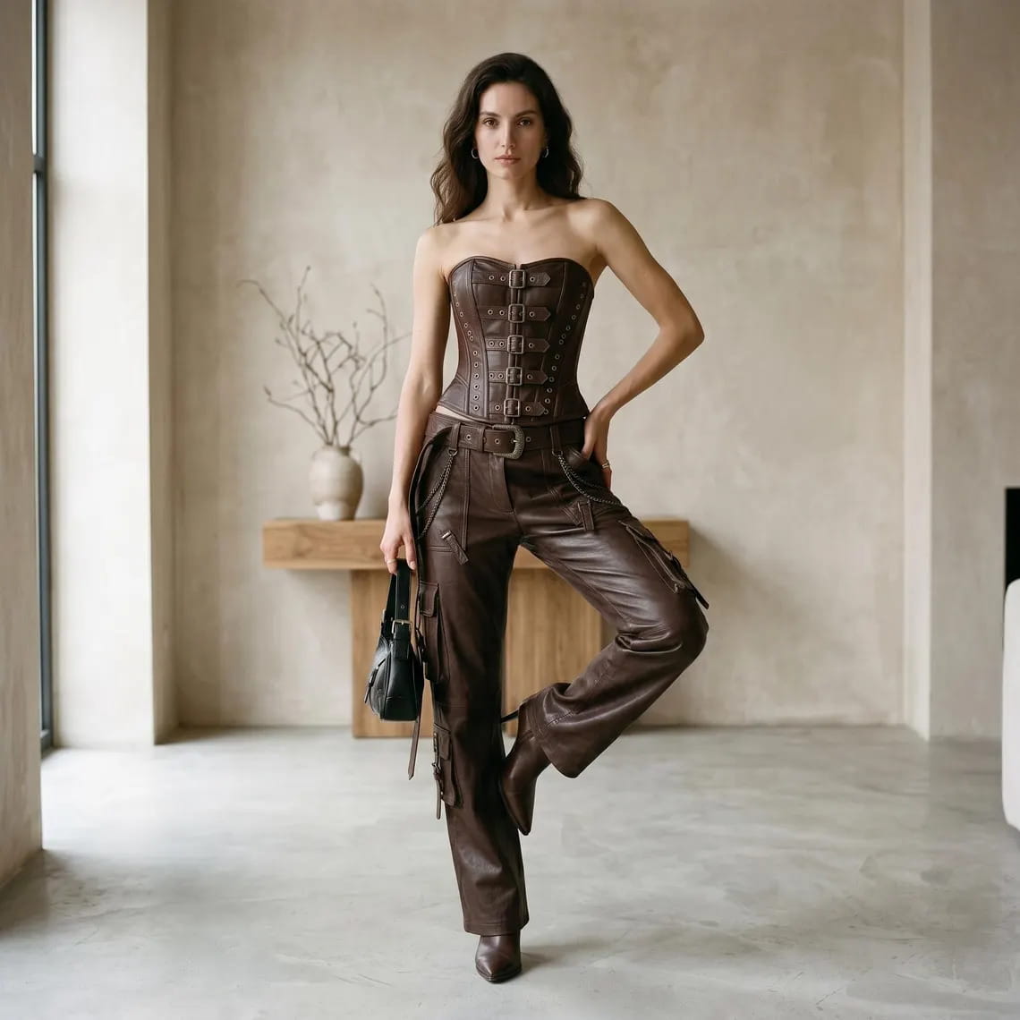 Full-body shot showcasing the complete dark brown real leather steampunk outfit styled with high heels.