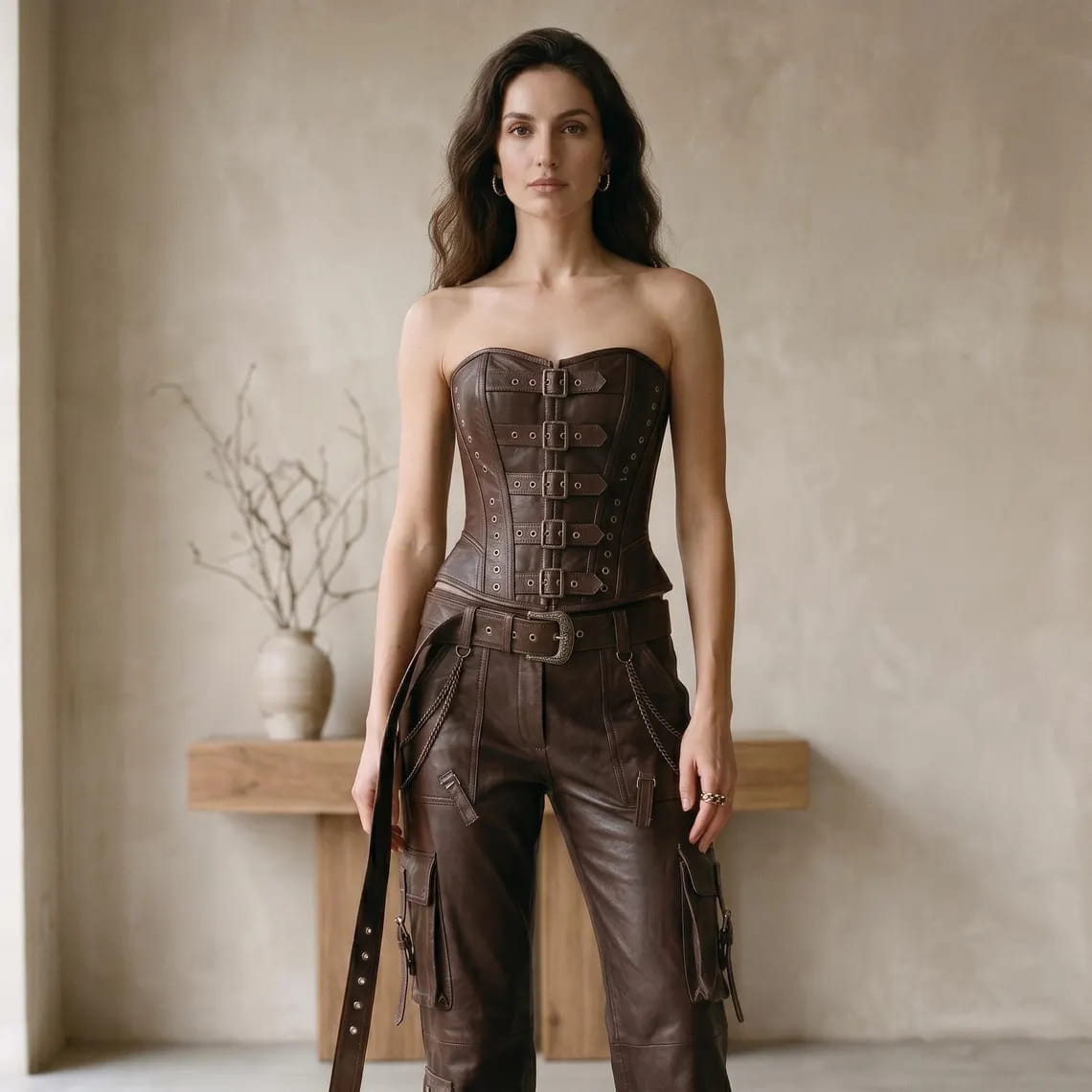 Three-quarter view highlighting the wide statement waist belt, thigh cargo pockets, and side chain details on the women's leather trousers.