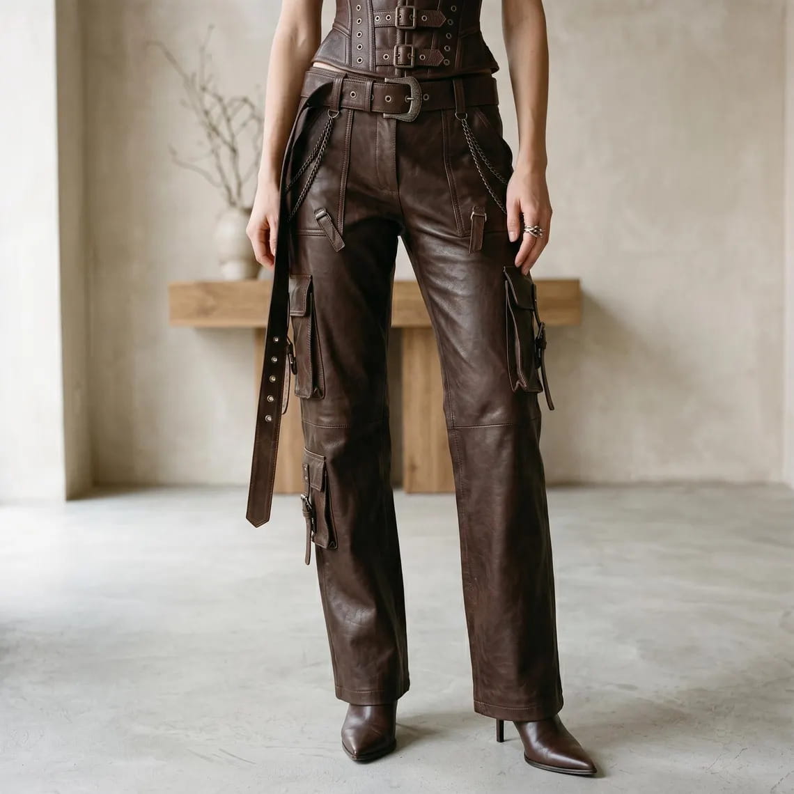 Lower-body close-up view highlighting the functional thigh cargo pockets, leather straps, waist belt buckle, and side chain hardware.