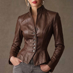 Close up front view of brown genuine lambskin leather peplum jacket highlighting seven shank buttons and standing collar