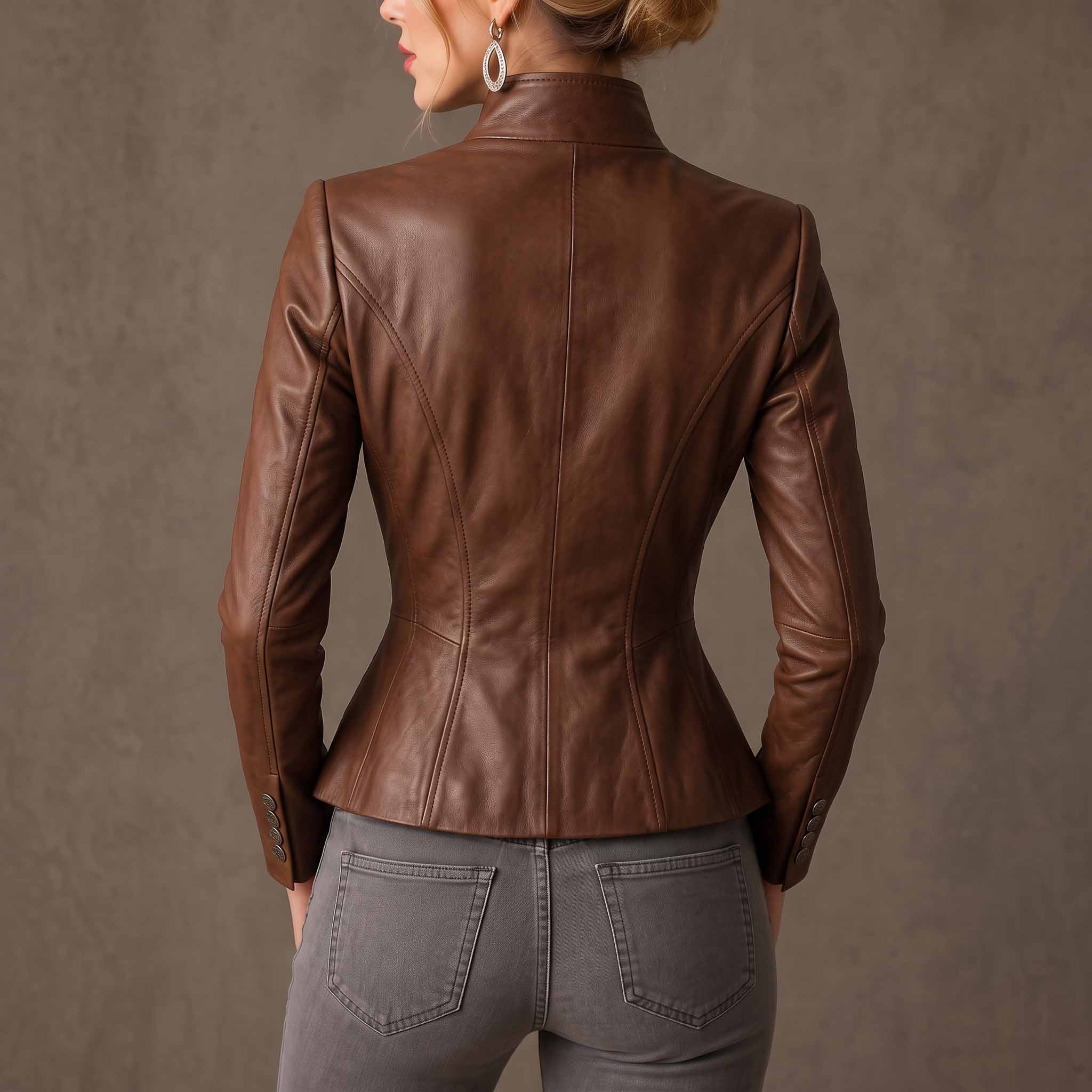Direct back view of female model wearing brown leather equestrian jacket displaying contoured spine seams and flared peplum hem