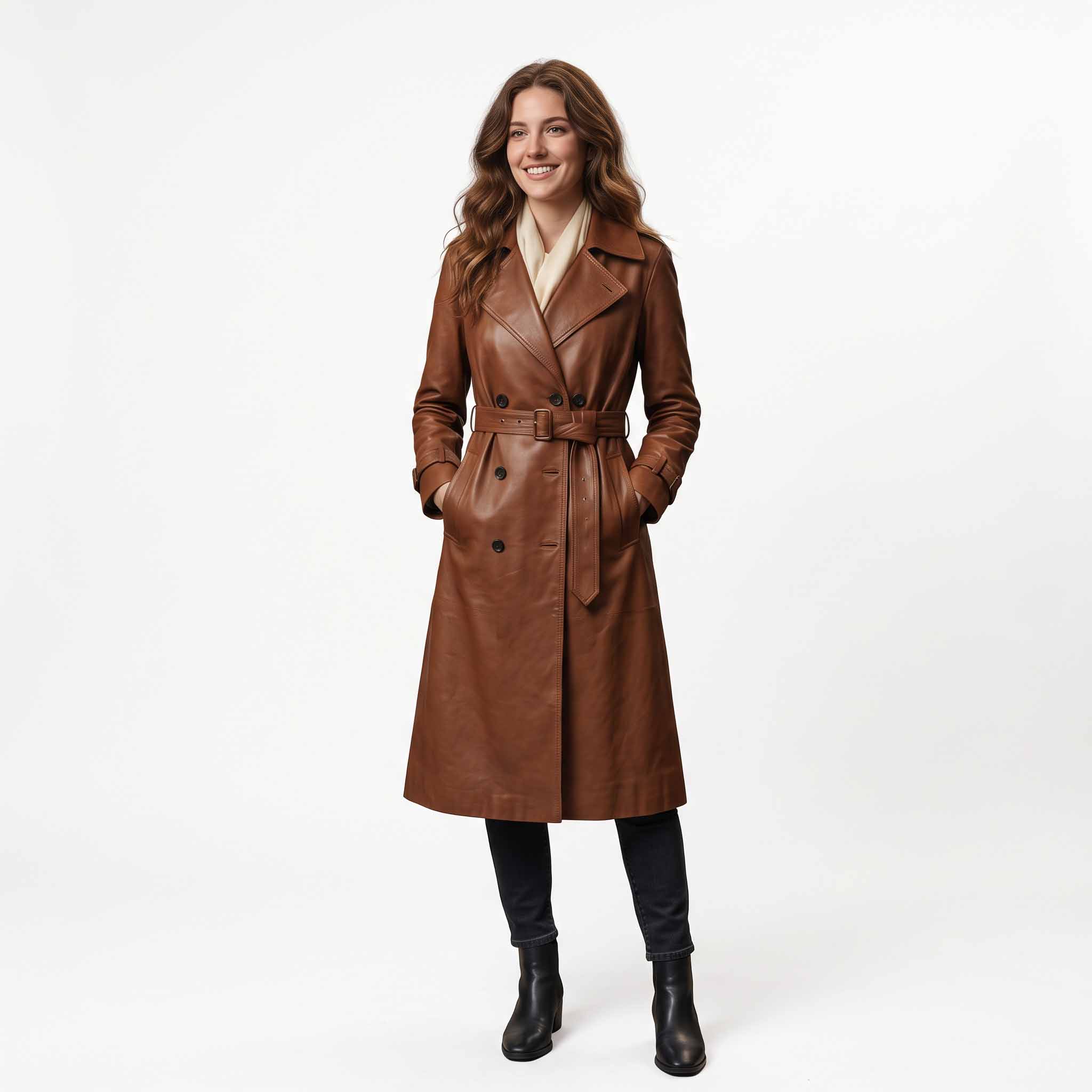 Full length front studio portrait of smiling woman wearing handmade brown lambskin leather trench coat with belted waist and cream scarf