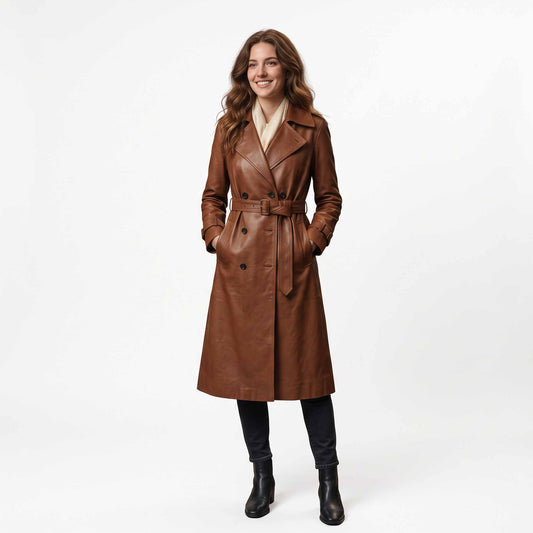 Full length front studio portrait of smiling woman wearing handmade brown lambskin leather trench coat with belted waist and cream scarf