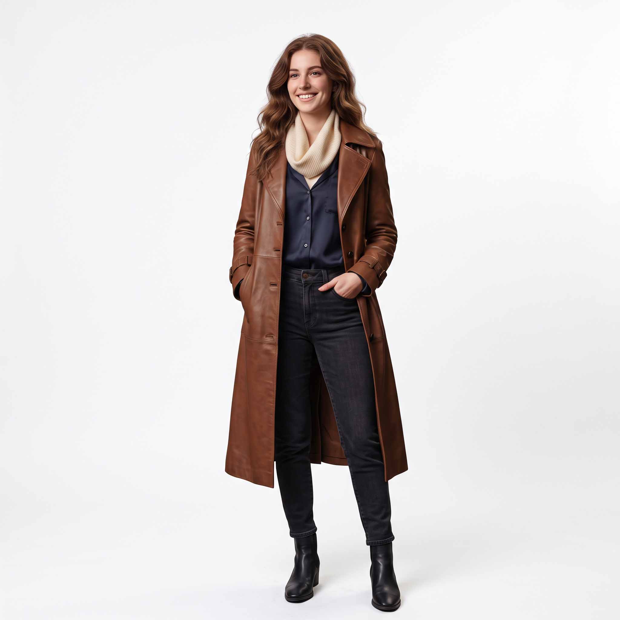 Front view of woman modeling brown leather double-breasted trench coat worn unbuttoned over dark silk blouse and black denim jeans