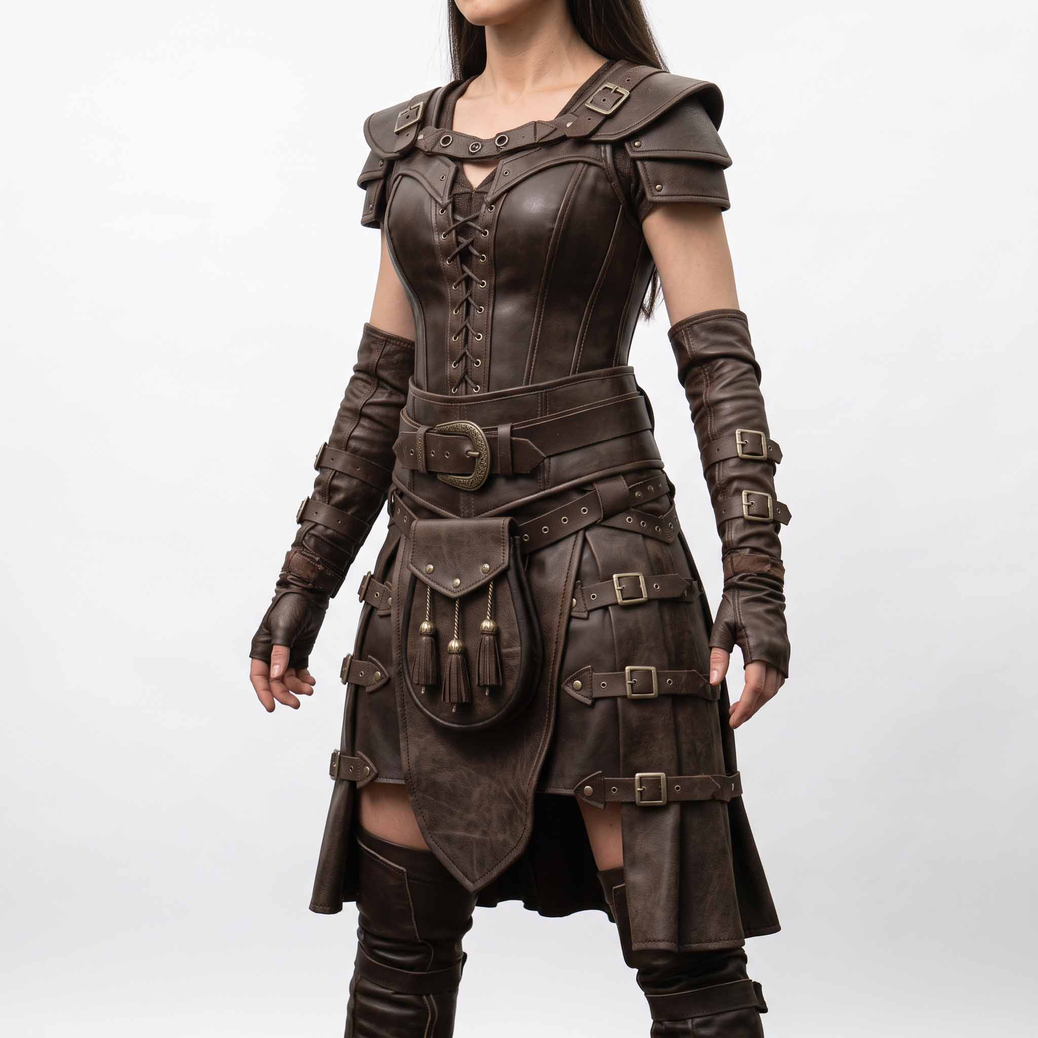Front three-quarter perspective of woman modeling brown leather fantasy ranger armor set highlighting side-buckled tassets and hanging sporran pouch