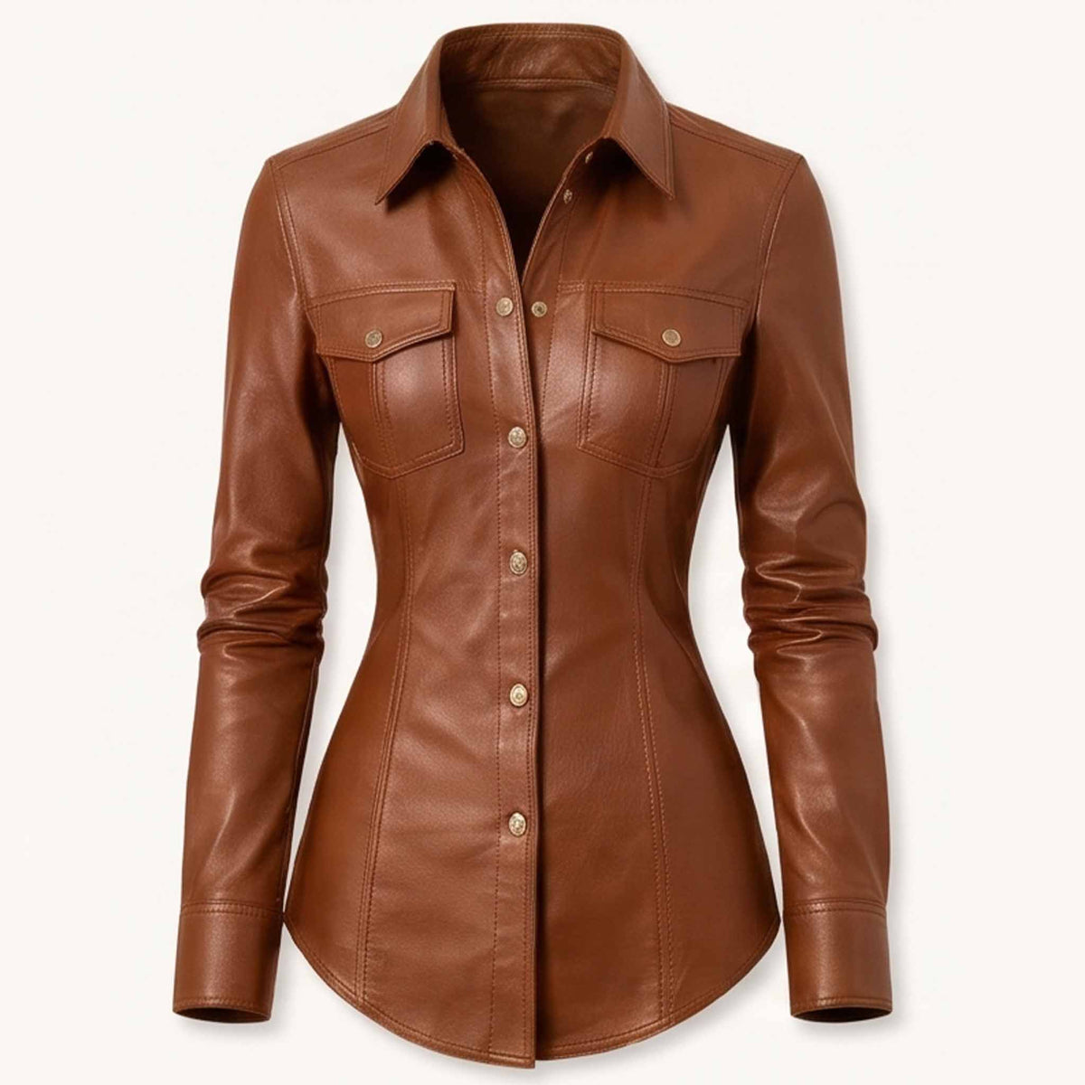 Front view of a tailored cognac brown real sheepskin leather shirt featuring metallic buttons and dual flap chest pockets.