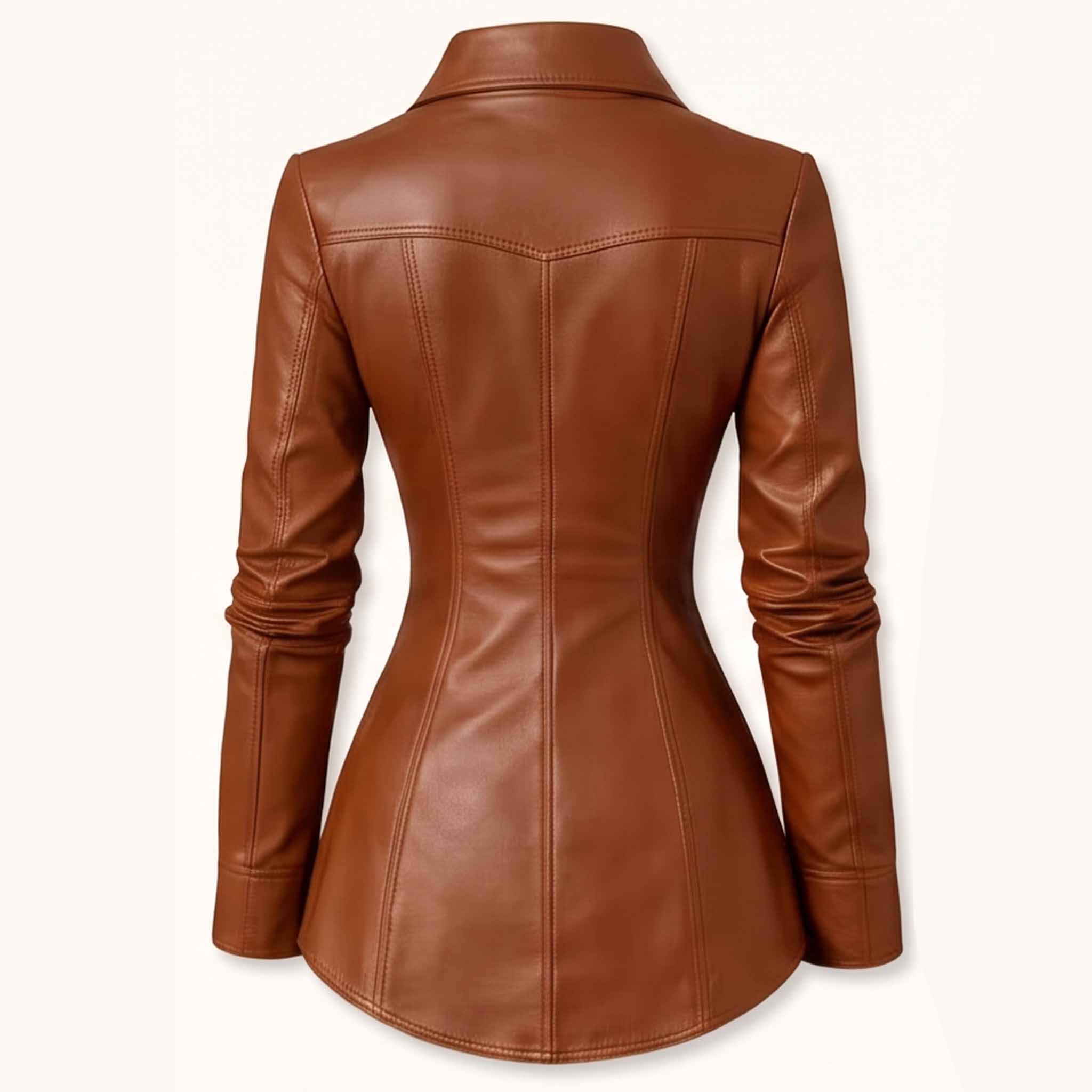 Back view displaying the Western back yoke and sculpted hourglass princess seams of a women's brown leather blouse.