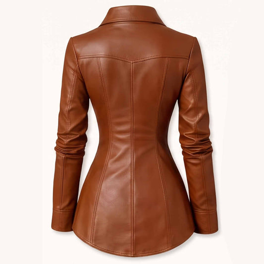 Back view displaying the Western back yoke and sculpted hourglass princess seams of a women's brown leather blouse.