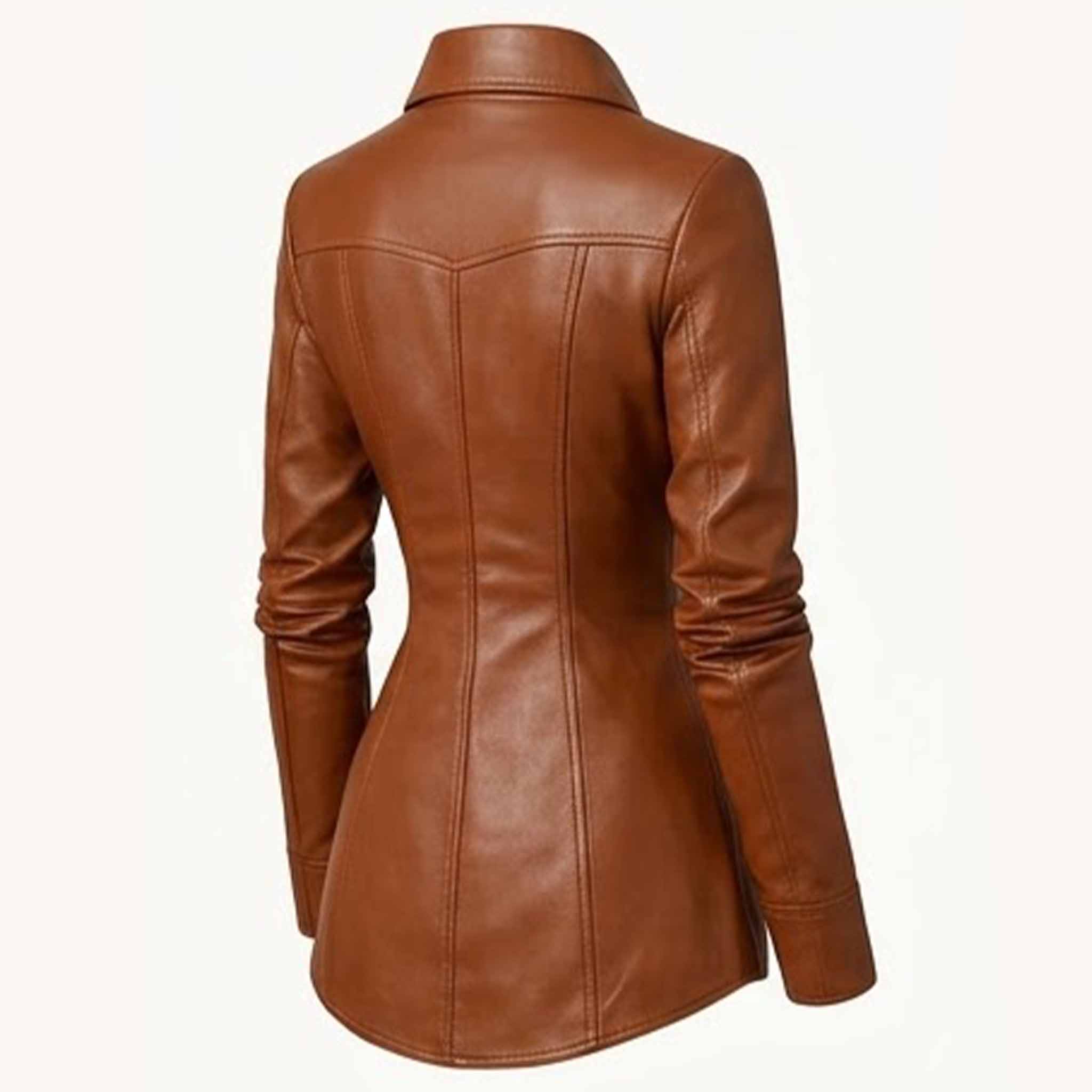 Rear three quarter angle showing the structured back seams, fitted waist, and shirt-tail hem of a handcrafted sheepskin leather shirt.