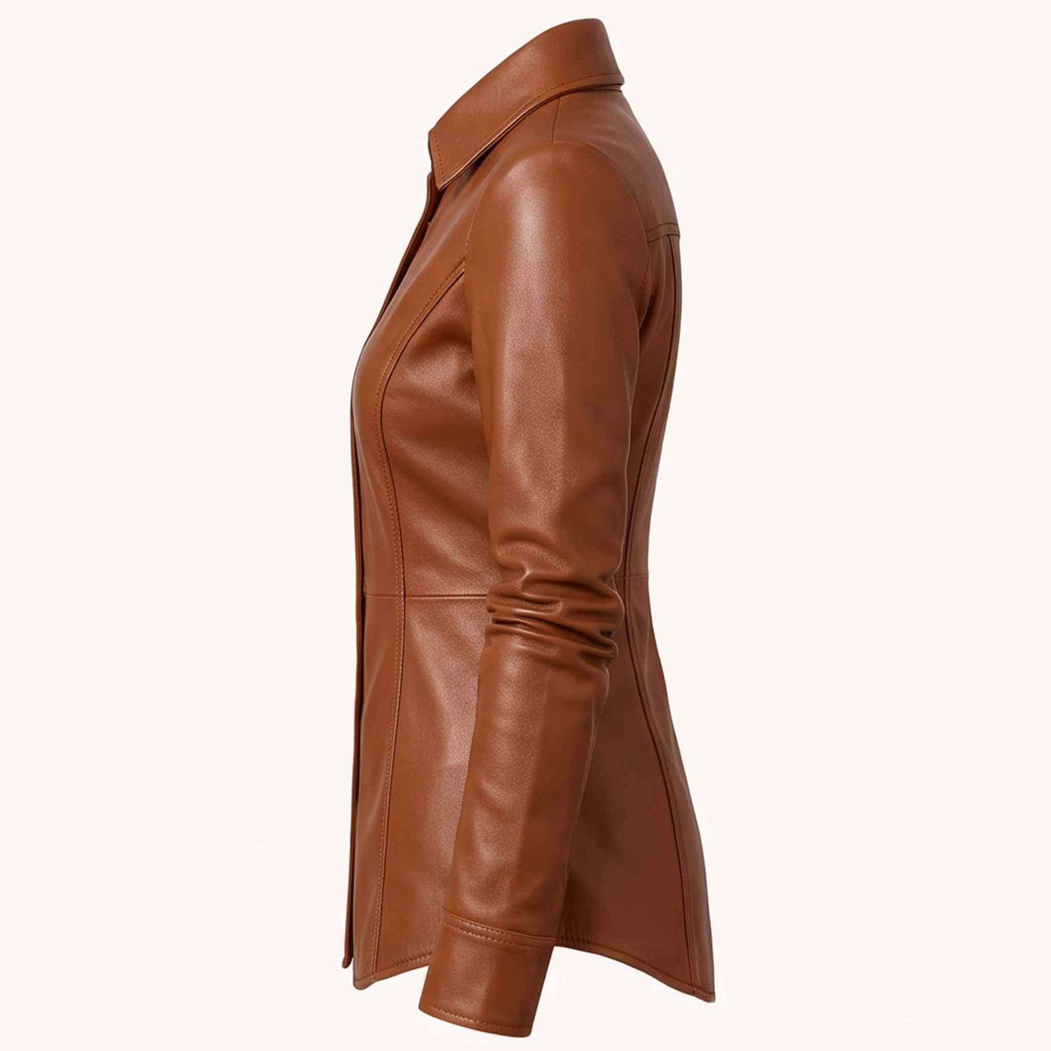 Side profile view showcasing the sleek torso tailoring, long sleeves, and curved bottom edge of a women's brown leather overshirt.