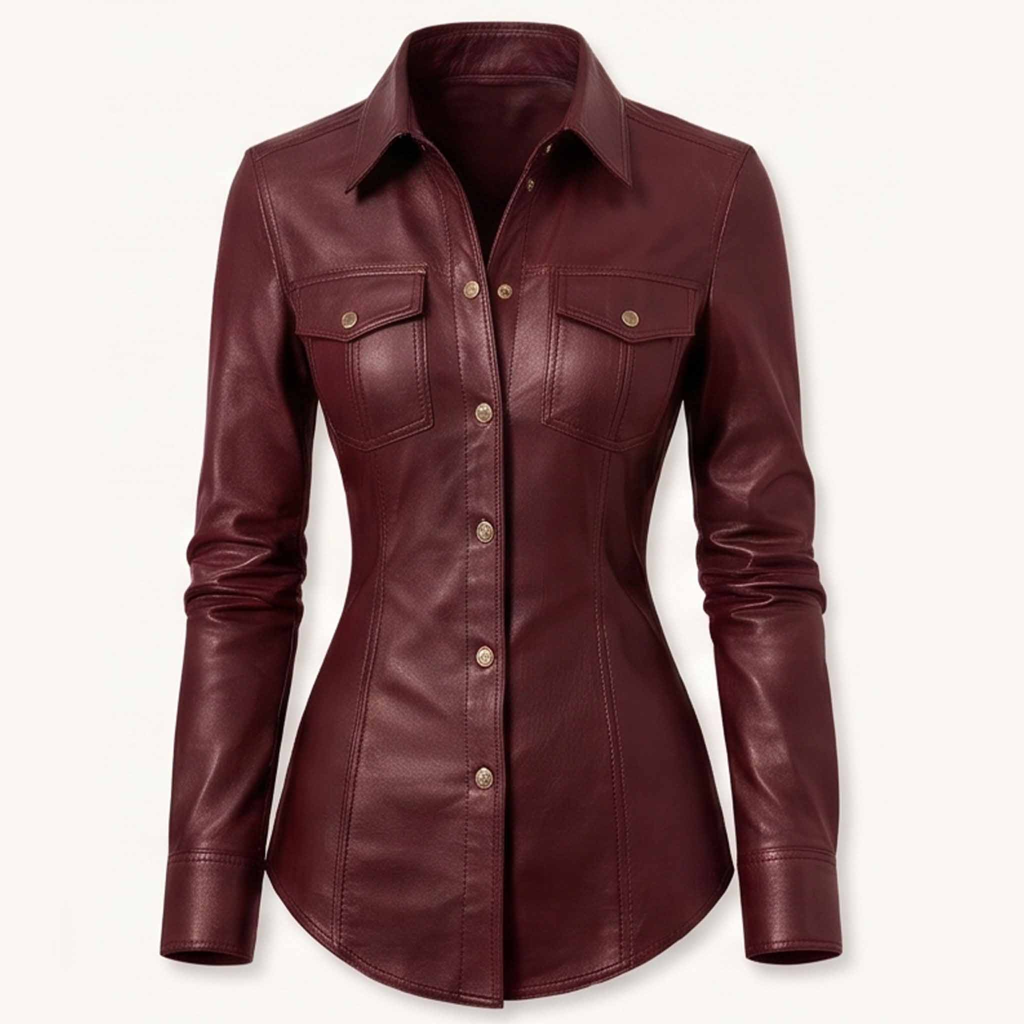 Front view of a tailored deep burgundy real sheepskin leather shirt featuring metallic buttons and dual flap chest pockets.