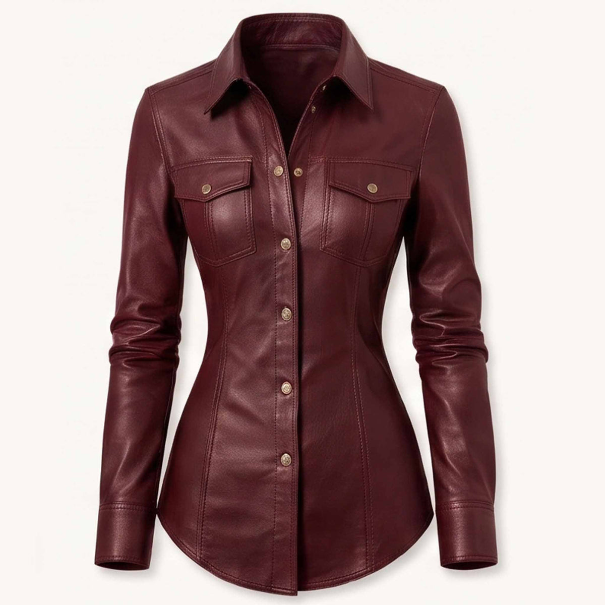 Front view of a tailored deep burgundy real sheepskin leather shirt featuring metallic buttons and dual flap chest pockets.