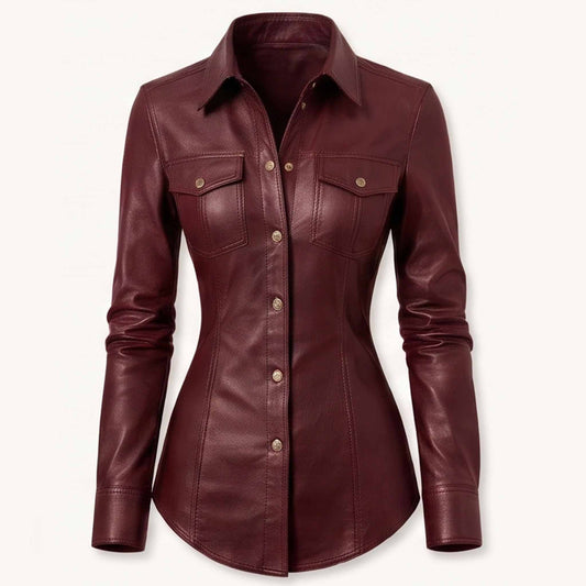 Front view of a tailored deep burgundy real sheepskin leather shirt featuring metallic buttons and dual flap chest pockets.