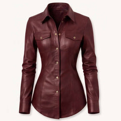 Front view of a tailored deep burgundy real sheepskin leather shirt featuring metallic buttons and dual flap chest pockets.