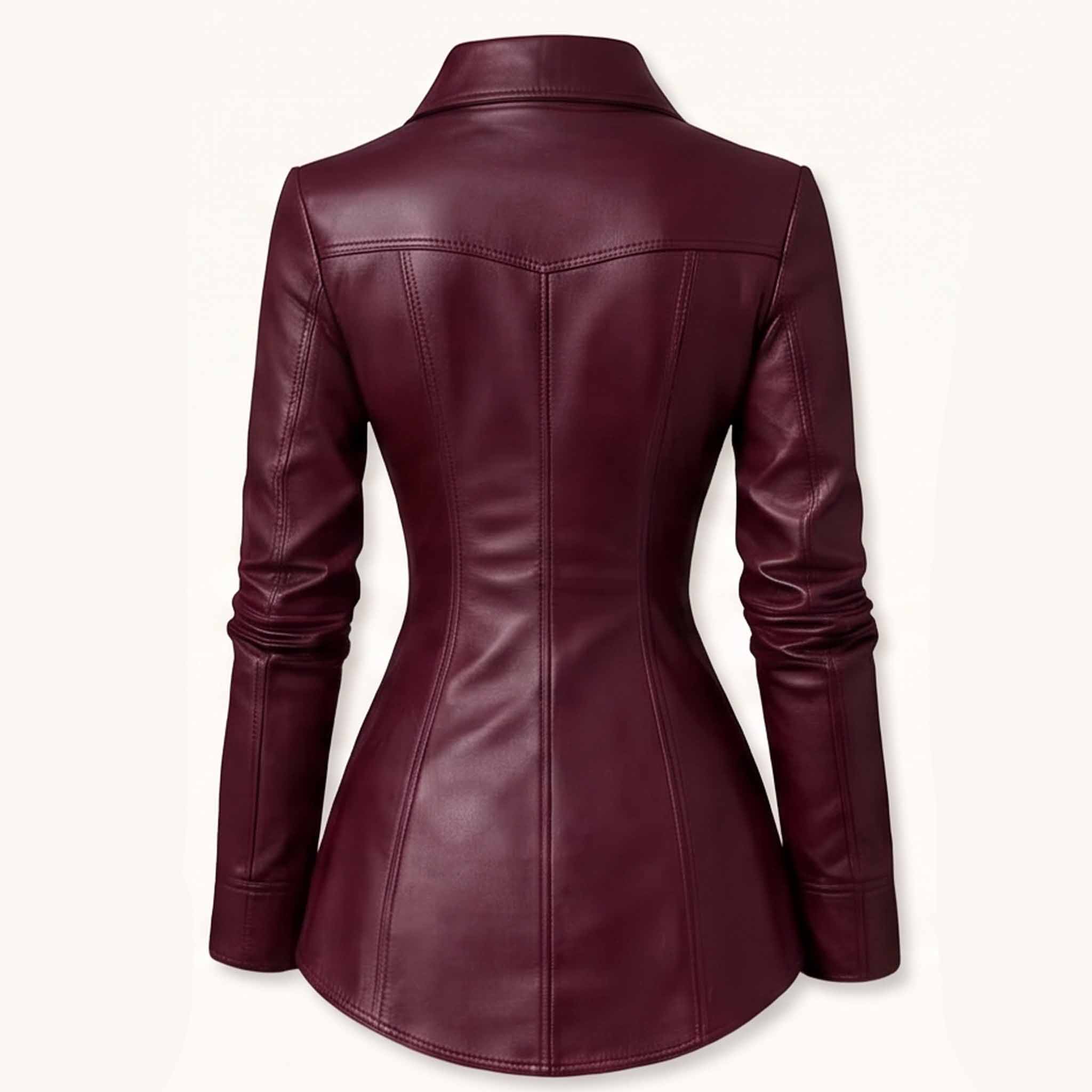 Back view showing the angled Western back yoke and sculpted hourglass princess seams of a women's burgundy wine leather blouse.