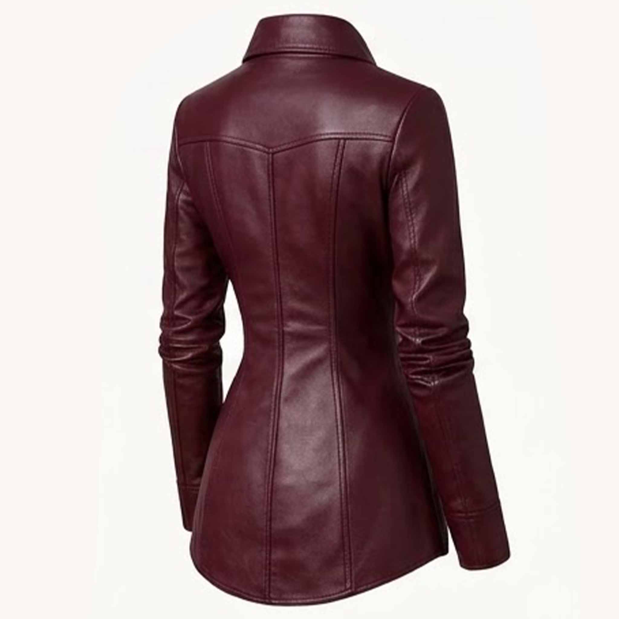 Rear three quarter angle displaying the structured back seams, fitted waist, and shirt-tail hem of a handcrafted sheepskin leather shirt.