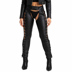Close-up front view of women's cityscape backless cowhide chaps showing open crotch cut and black leather jacket styling