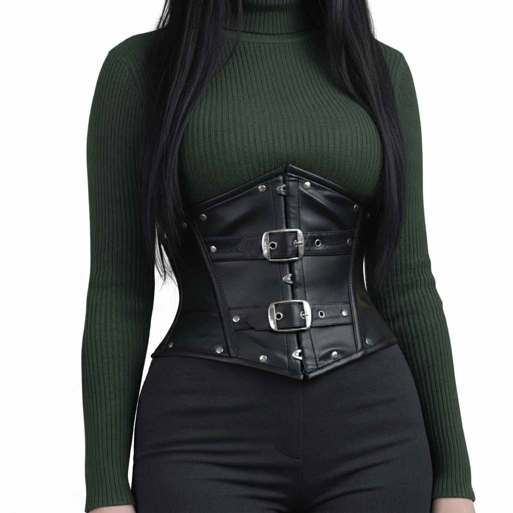 Front view of a model wearing a black genuine cowhide leather underbust corset belt with two silver buckles over a dark green sweater.