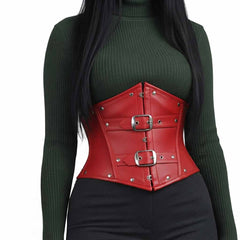 Front view of a red cowhide leather underbust waist trainer corset styled over a ribbed turtleneck shirt.