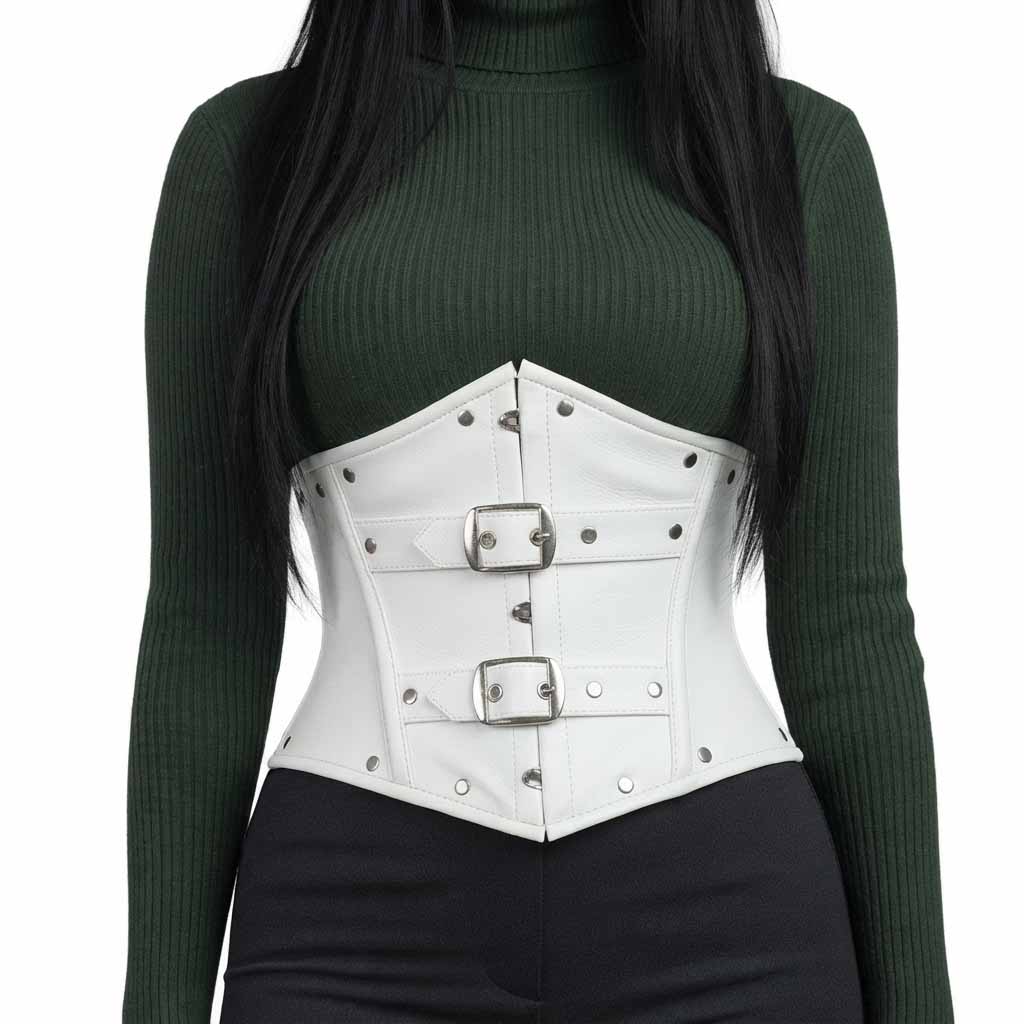 Front view of a white cowhide leather underbust corset with silver double buckles and studded rivet accents.