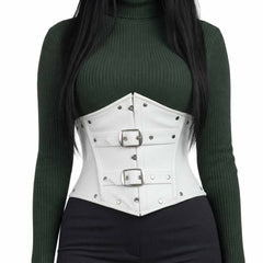 Front view of a white cowhide leather underbust corset with silver double buckles and studded rivet accents.