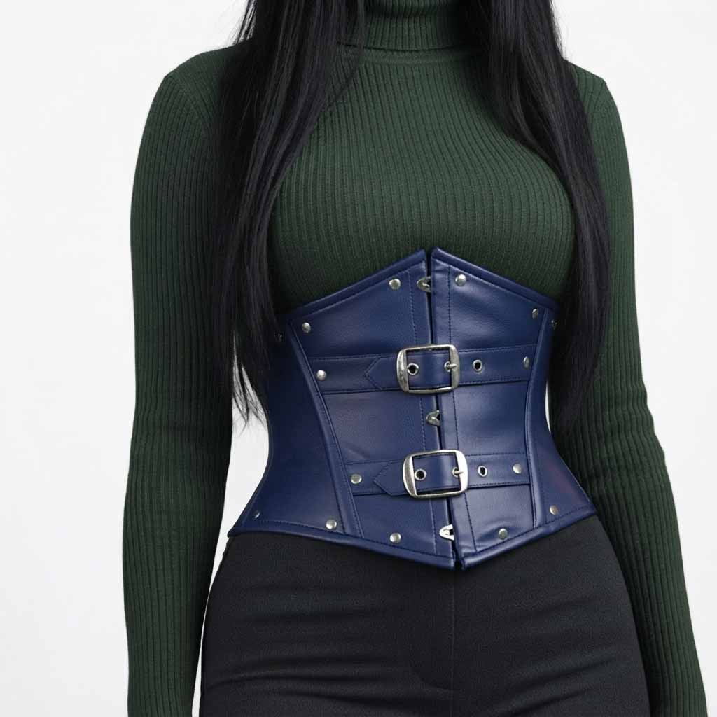 Front view of a navy blue cowhide leather underbust waist trainer with double silver roller buckles.
