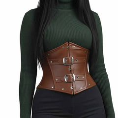 Front view of a brown real leather underbust corset belt showing the short torso cut and double buckle closures.