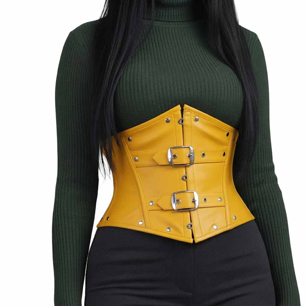 Front view of a yellow genuine leather underbust corset belt featuring silver metal buckle fasteners.