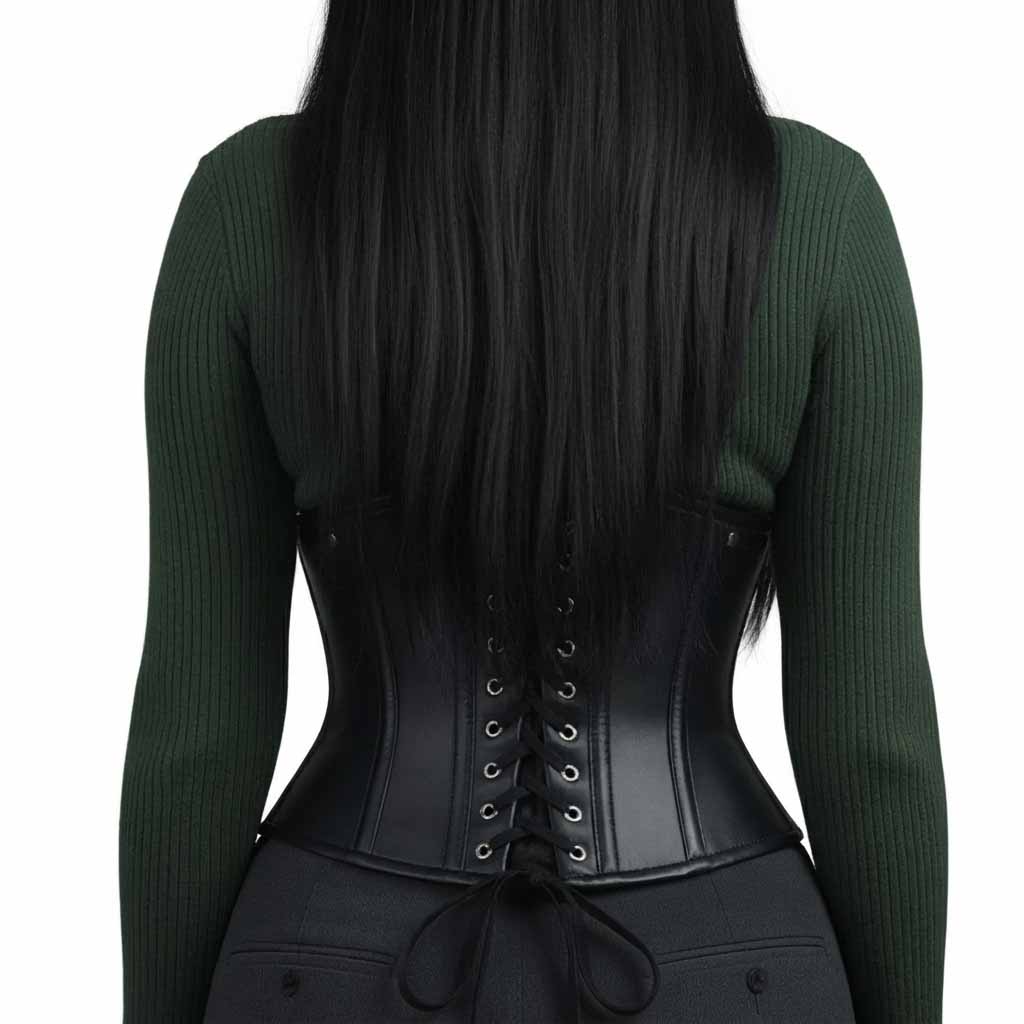 Rear view showing the silver eyelet grommets and back lacing cords on a black short-torso real leather corset.