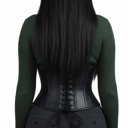 Rear view showing the silver eyelet grommets and back lacing cords on a black short-torso real leather corset.