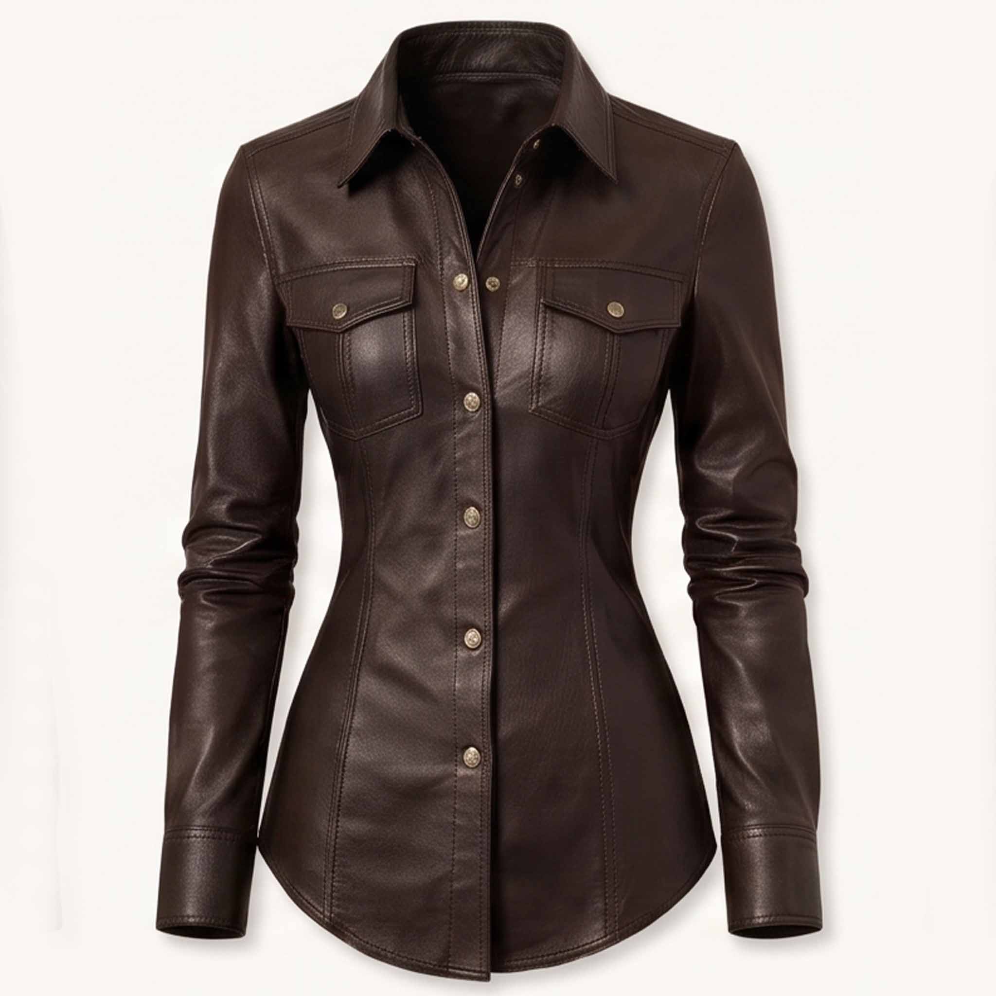 Front view of a tailored dark chocolate brown real sheepskin leather shirt featuring metallic buttons and dual flap chest pockets.