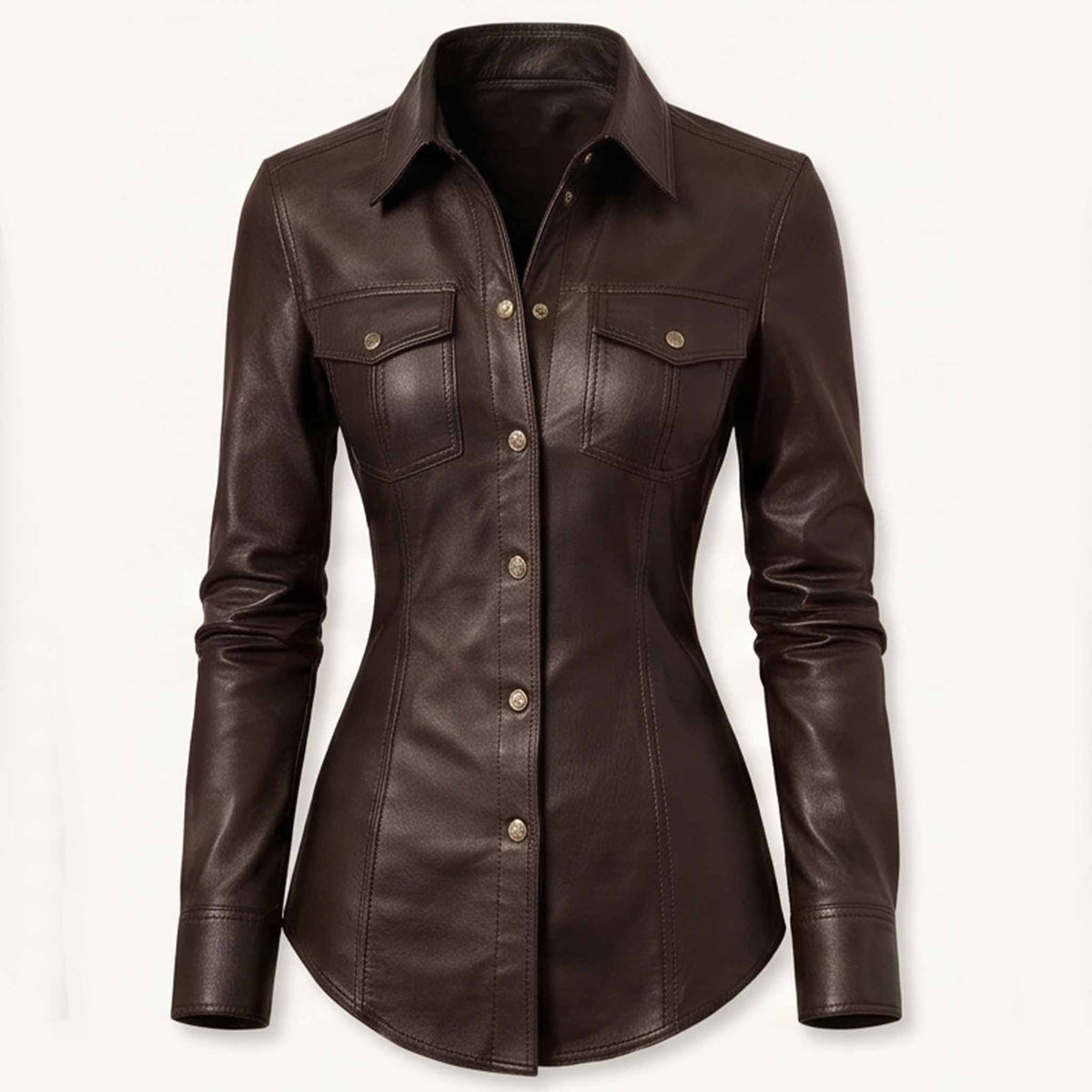 Front view of a tailored dark chocolate brown real sheepskin leather shirt featuring metallic buttons and dual flap chest pockets.