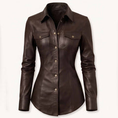 Front view of a tailored dark chocolate brown real sheepskin leather shirt featuring metallic buttons and dual flap chest pockets.