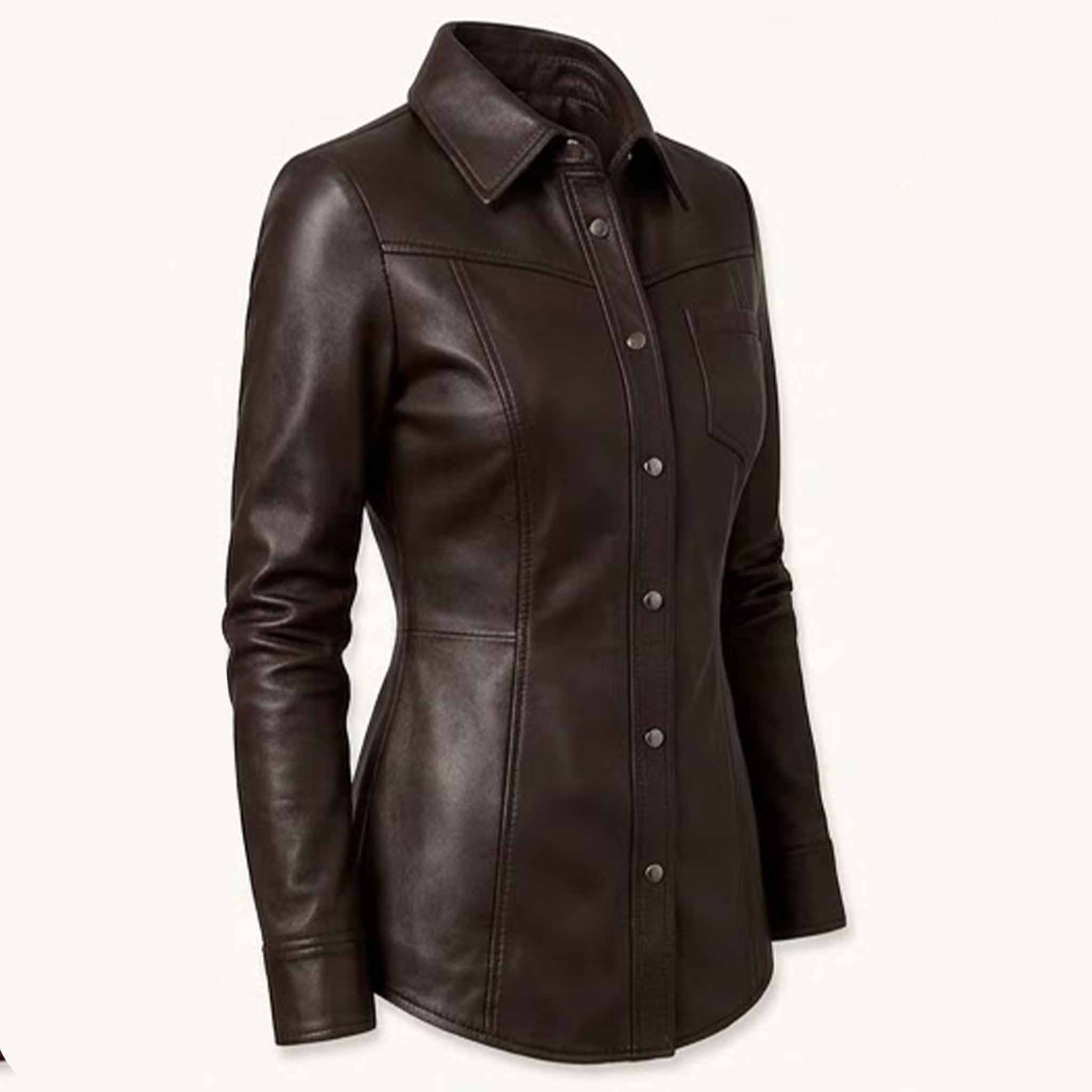 Three quarter front perspective highlighting the spread collar, tailored waistline, and curved hem of an espresso brown genuine leather top.