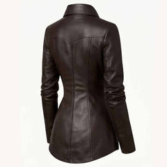 Rear three quarter angle displaying the structured back seams, fitted waist, and shirt-tail hem of a handcrafted sheepskin leather shirt.