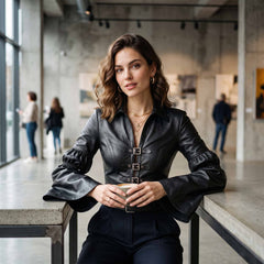 Close up seated portrait of woman wearing fitted black leather top with silver buckle accents holding a coffee cup at cafe table