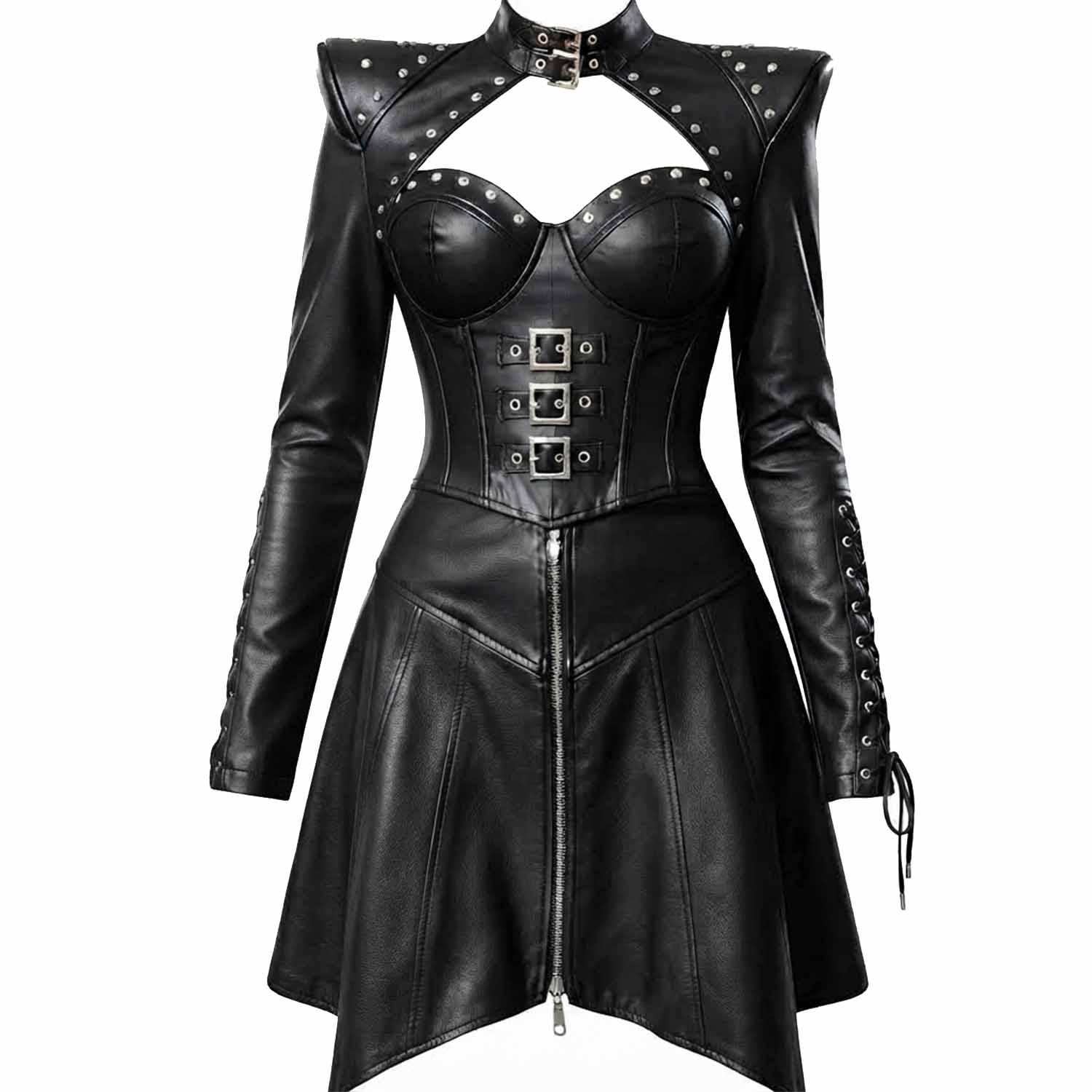 Studio product shot of the black lambskin leather vampire warrior costume with structured shoulders and a front zip skirt.
