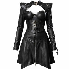 Studio product shot of the black lambskin leather vampire warrior costume with structured shoulders and a front zip skirt.