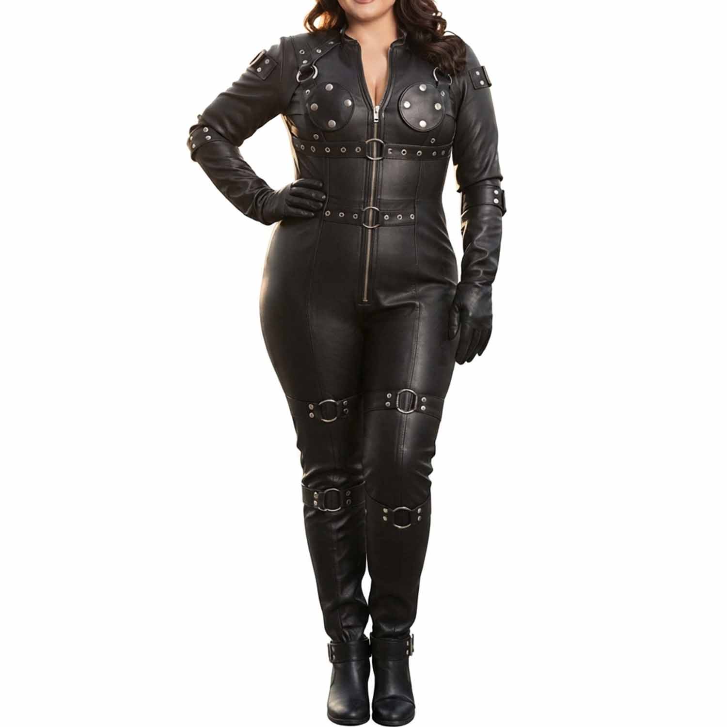 Front facing view of the custom leather restraint body bag featuring detachable studded chest flaps, industrial hardware, and adjustable leg straps.