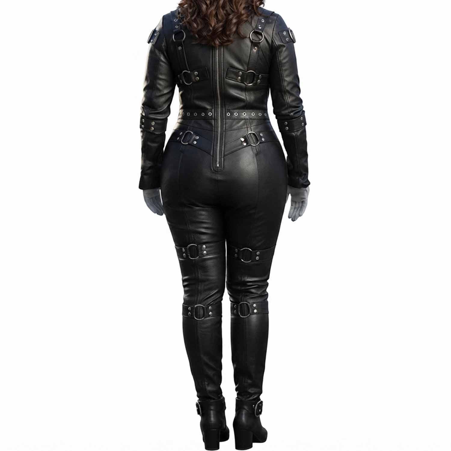 Rear view of a woman wearing a black genuine leather full body bondage restraint suit, showcasing the vertical back zipper and multiple buckled straps.
