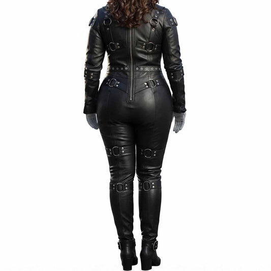 Rear view of a woman wearing a black genuine leather full body bondage restraint suit, showcasing the vertical back zipper and multiple buckled straps.