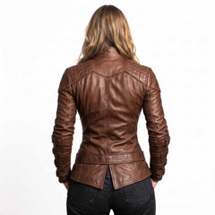Direct back view of woman modeling brown leather renaissance warrior tunic showing tailored vertical seams and split peplum hem