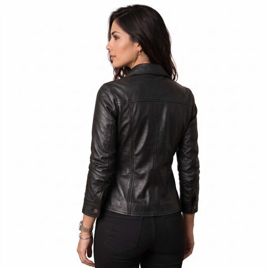 Back angle view of woman wearing tailored black sheepskin leather long sleeve shirt showing contoured back seam panels