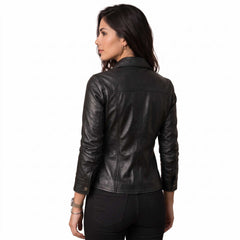 Back angle view of woman wearing tailored black sheepskin leather long sleeve shirt showing contoured back seam panels