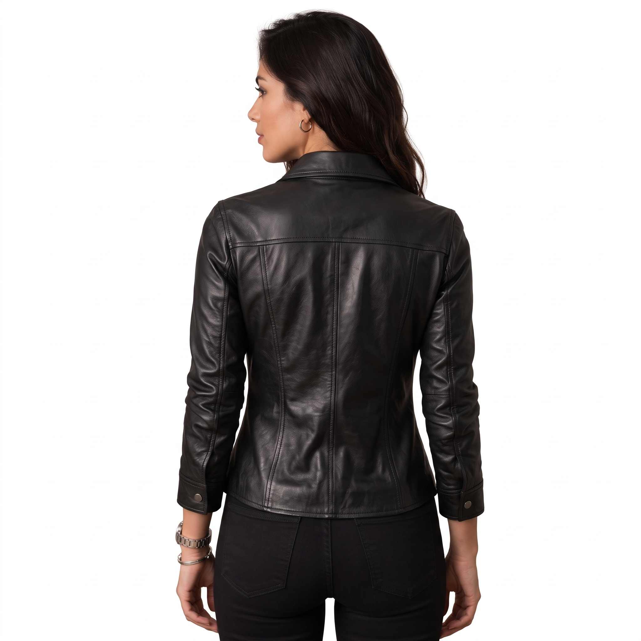 Direct back view of women's fitted genuine sheep leather blouse showing tailored waist seams and curved hemline