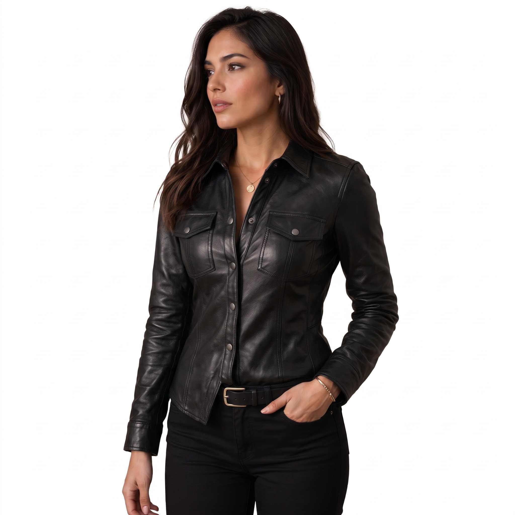 Front medium shot of woman wearing black leather fitted snap button shirt paired with dark jeans and belt